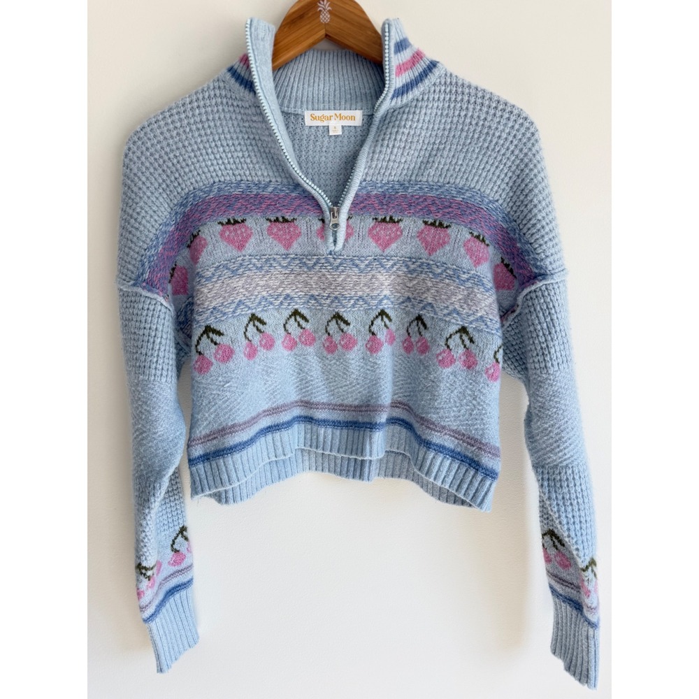 Sugar Moon Womens Strawberry Cherry Quarter Zip Sweater S Blue Cottagecore Y2K